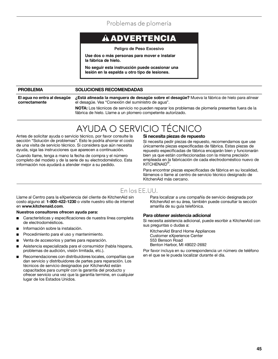 KitchenAid W10520792B manual Ayuda O Servicio Técnico, Problemas de plomería, En los EE.UU, Si necesita piezas de repuesto 