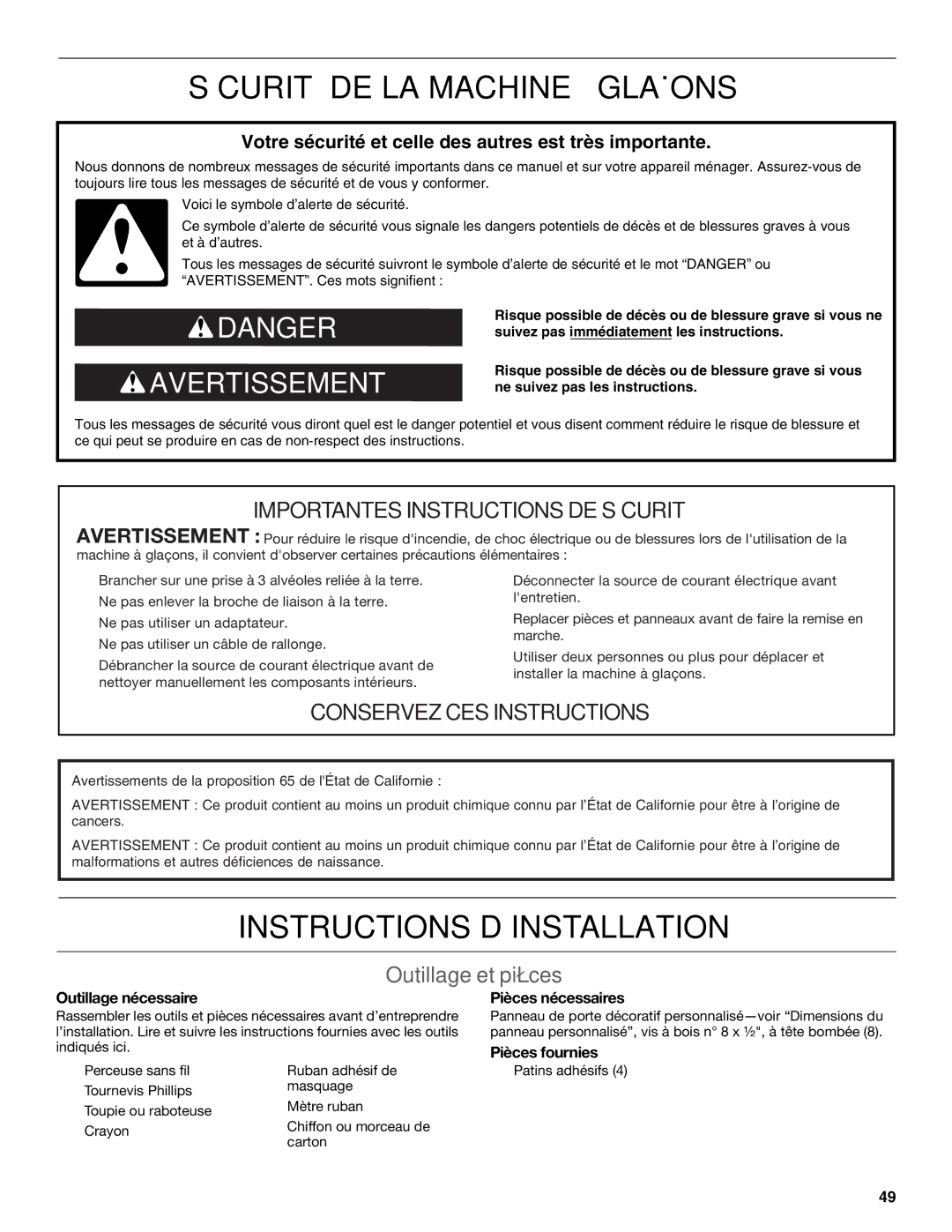 KitchenAid W10520792B manual Sécurité DE LA Machine À Glaçons, Instructions D’INSTALLATION, Outillage et pièces 