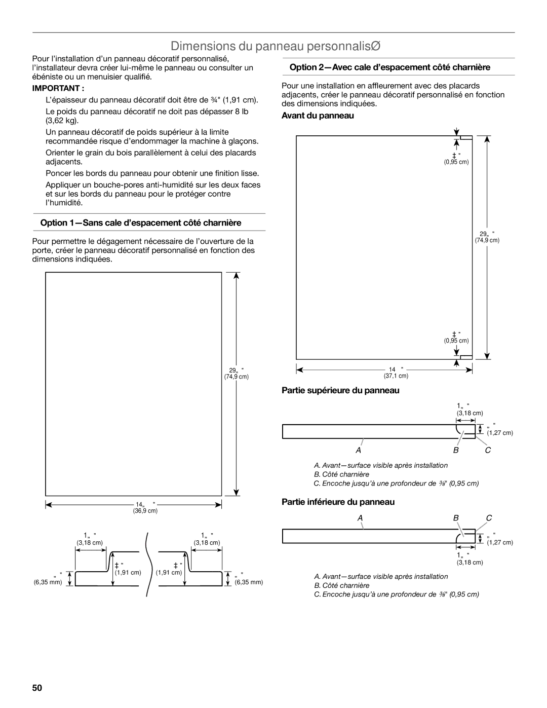 KitchenAid W10520792B manual Dimensions du panneau personnalisé 