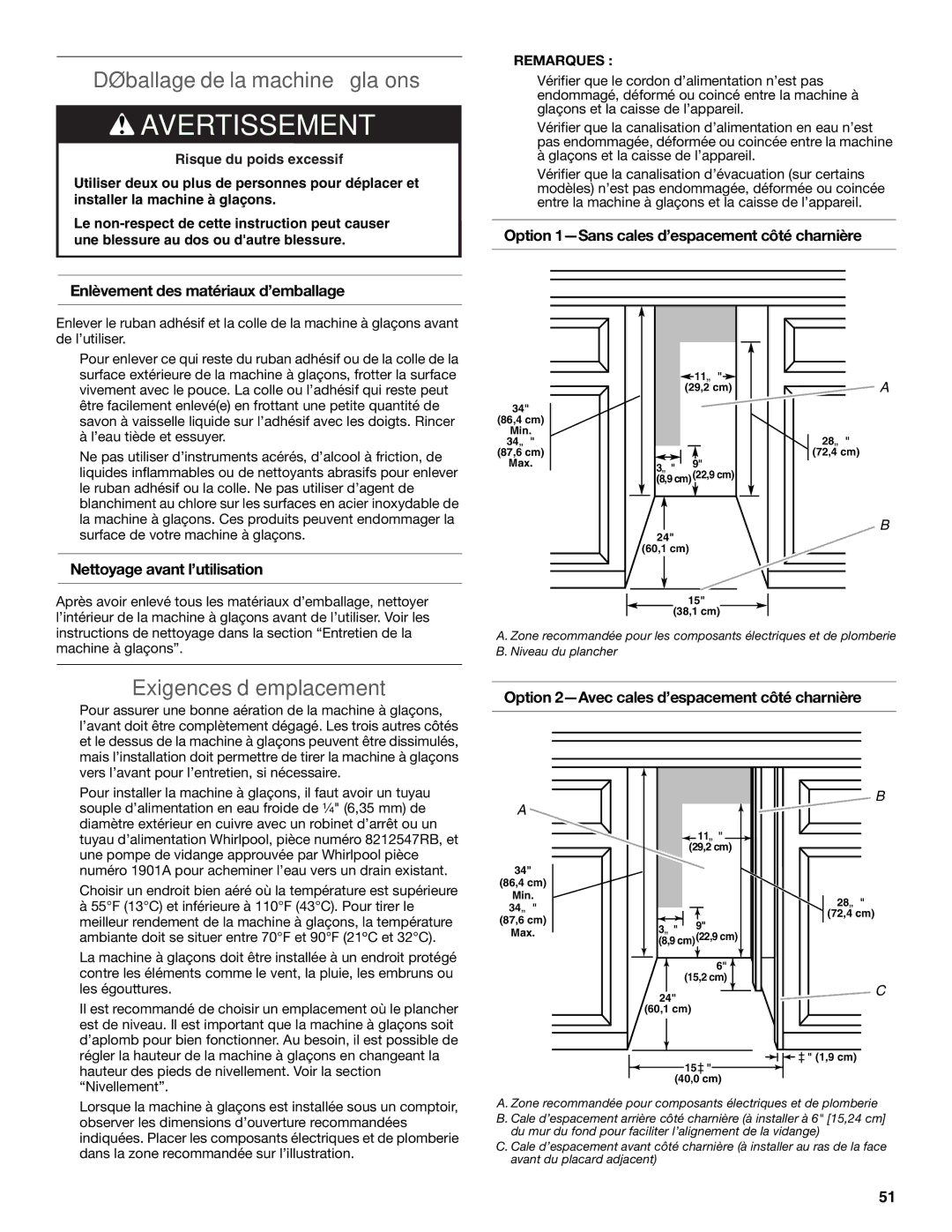 KitchenAid W10520792B Déballage de la machine à glaçons, Exigences d’emplacement, Enlèvement des matériaux d’emballage 