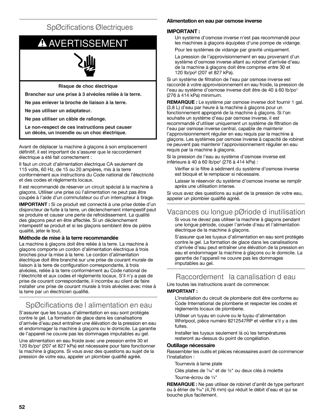 KitchenAid W10520792B manual Spécifications électriques, Spécifications de l’alimentation en eau 