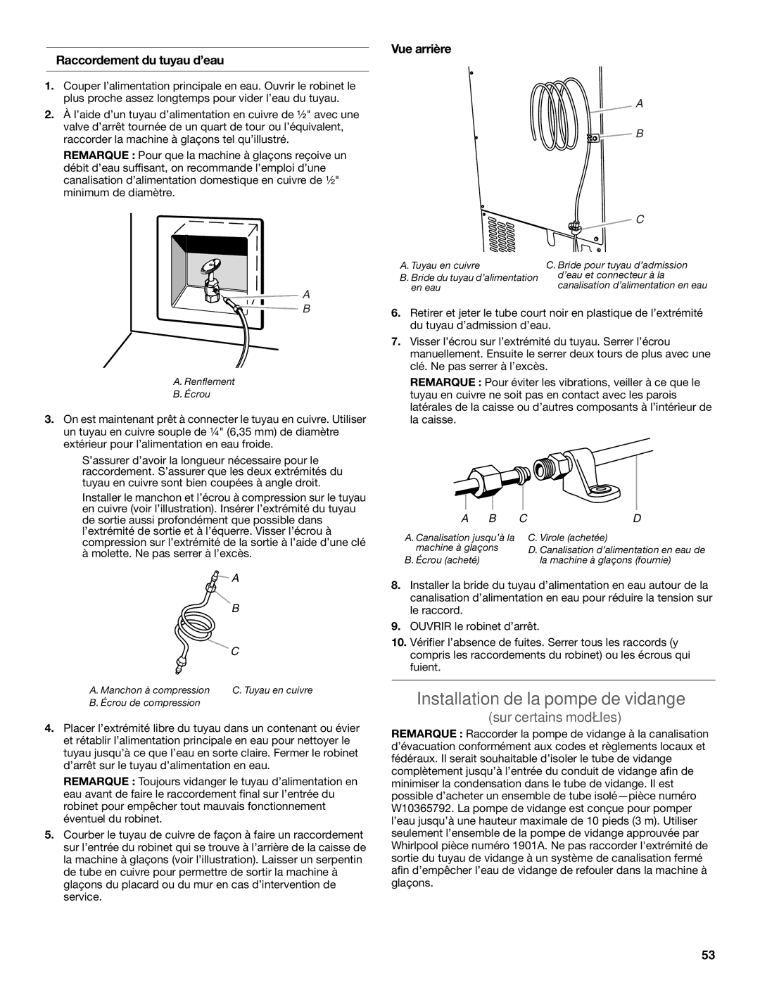 KitchenAid W10520792B manual Installation de la pompe de vidange, Vue arrière Raccordement du tuyau d’eau 