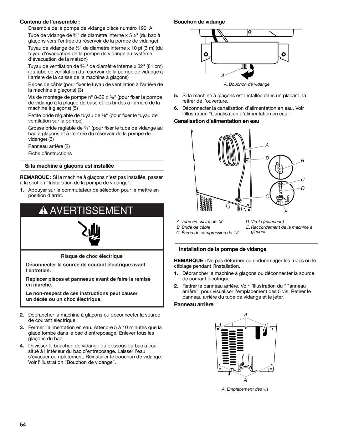 KitchenAid W10520792B Contenu de l’ensemble, Si la machine à glaçons est installée, Bouchon de vidange, Panneau arrière 