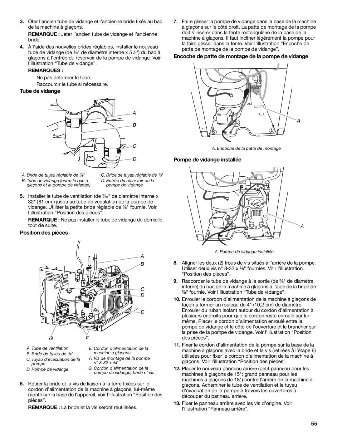 KitchenAid W10520792B manual Tube de vidange, Position des pièces, Encoche de patte de montage de la pompe de vidange 