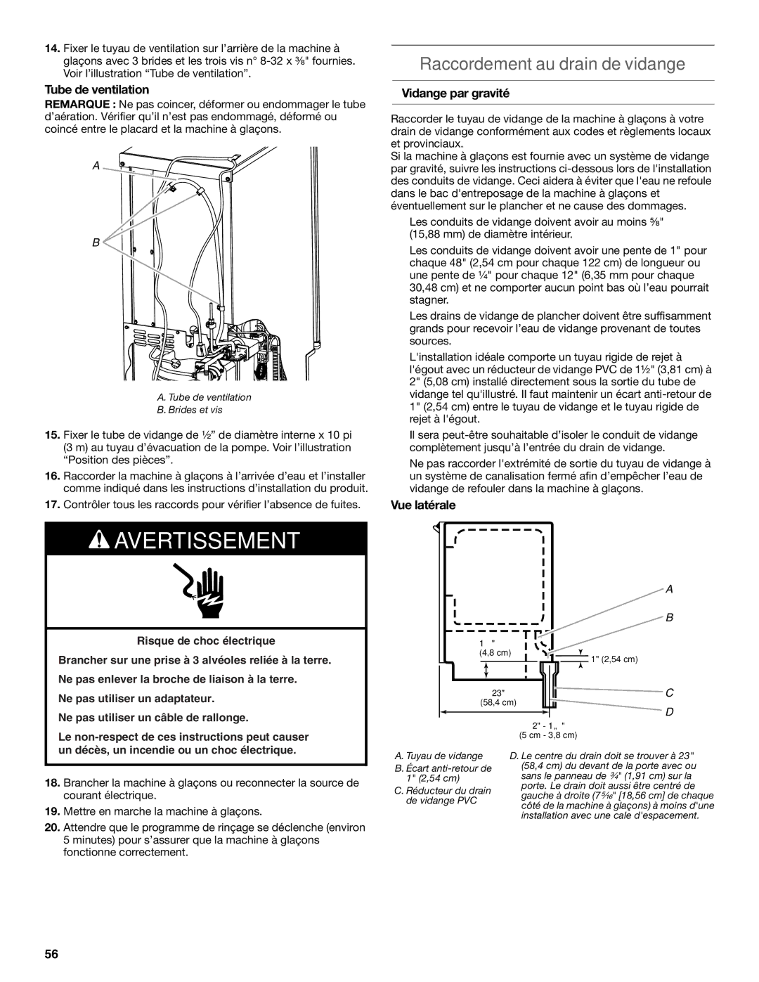 KitchenAid W10520792B manual Raccordement au drain de vidange, Tube de ventilation, Vidange par gravité, Vue latérale 