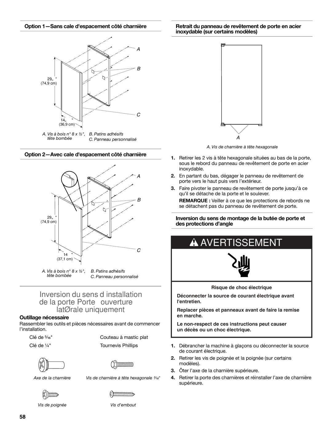 KitchenAid W10520792B manual Option 2-Avec cale despacement côté charnière, Inoxydable 