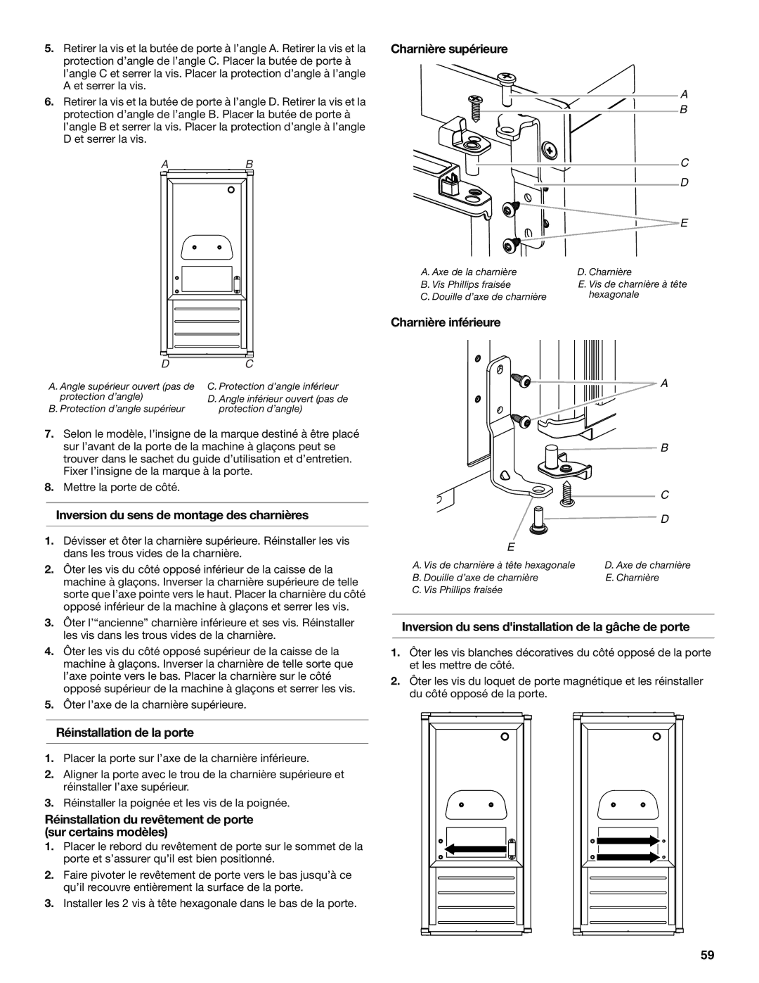 KitchenAid W10520792B manual Inversion du sens de montage des charnières, Réinstallation de la porte, Charnière supérieure 