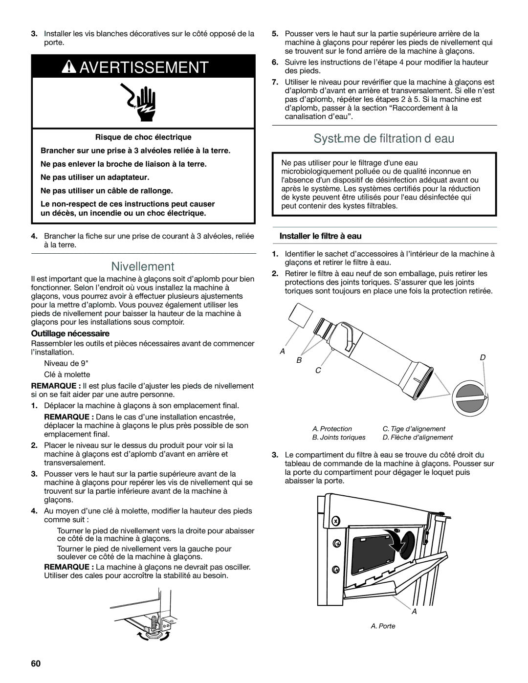 KitchenAid W10520792B manual Nivellement, Système de filtration d’eau, Installer le filtre à eau 