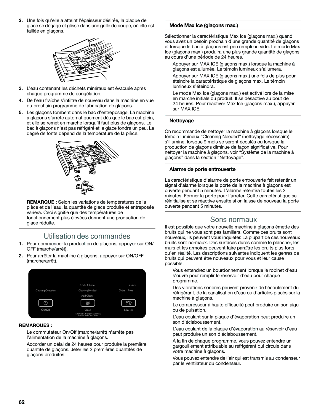 KitchenAid W10520792B manual Utilisation des commandes, Sons normaux, Mode Max Ice glaçons max, Nettoyage 