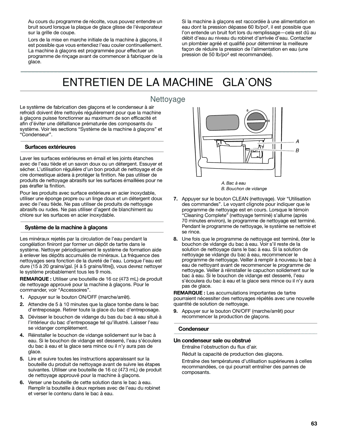 KitchenAid W10520792B Entretien DE LA Machine À Glaçons, Nettoyage, Surfaces extérieures, Système de la machine à glaçons 