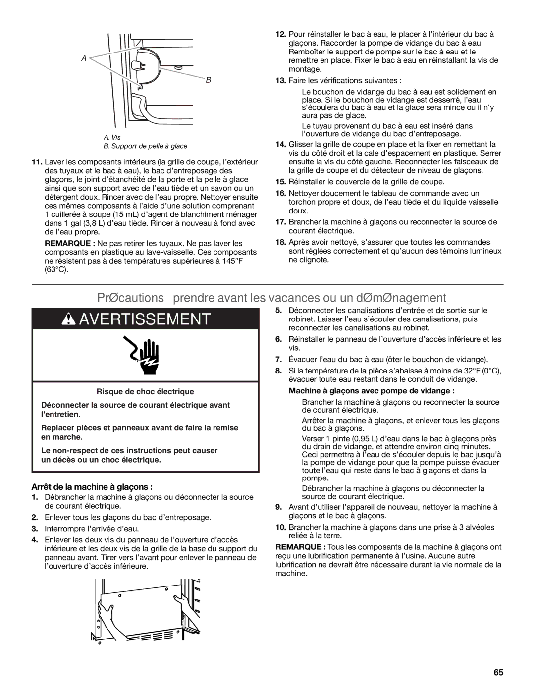 KitchenAid W10520792B manual Précautions à prendre avant les vacances ou un déménagement, Arrêt de la machine à glaçons 