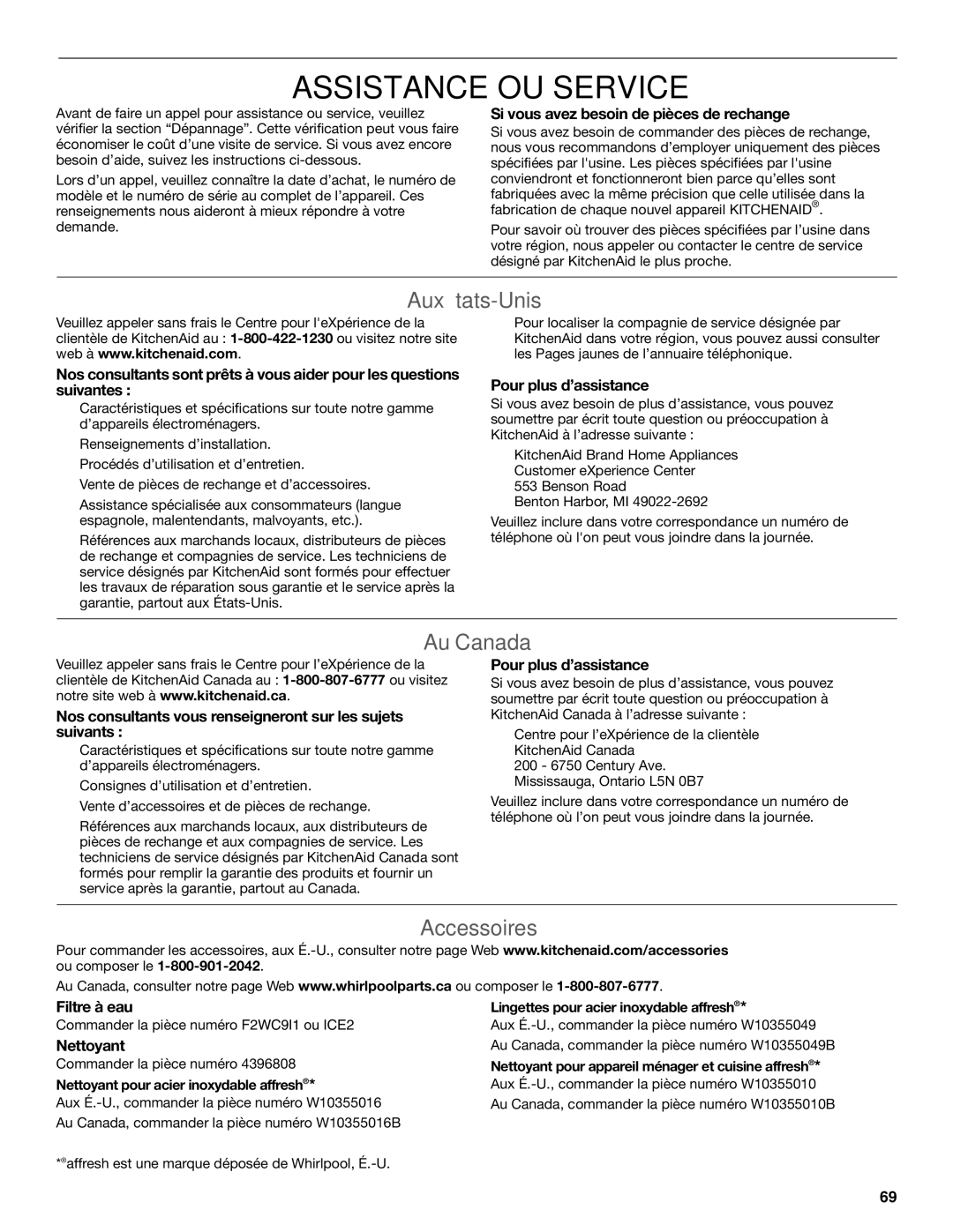 KitchenAid W10520792B manual Assistance OU Service, Aux États-Unis, Au Canada, Accessoires 