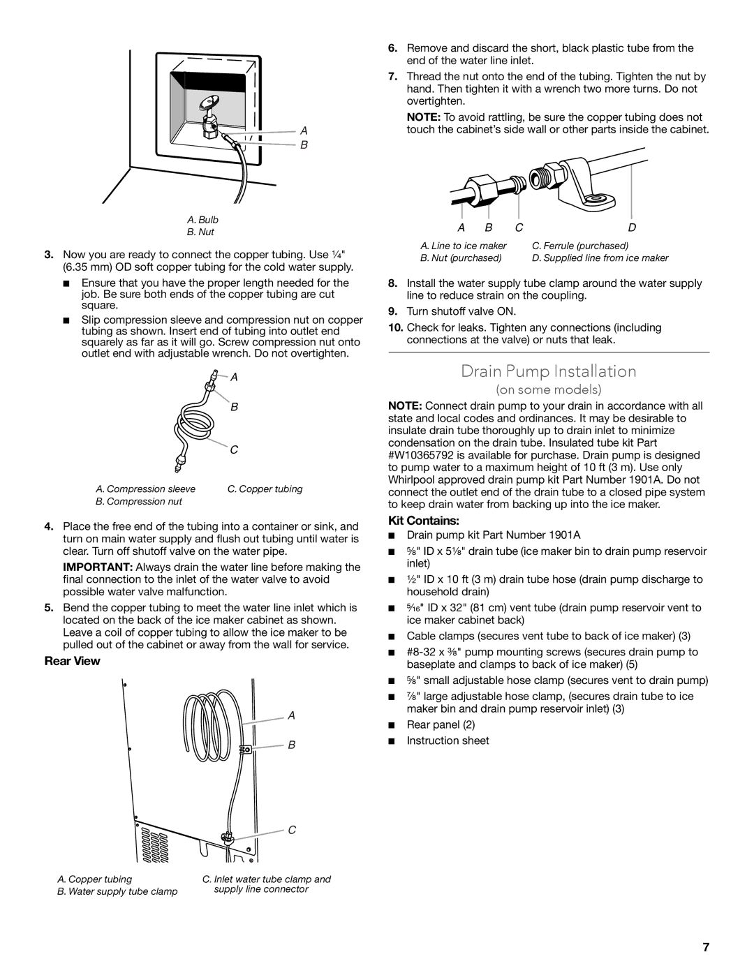 KitchenAid W10520792B manual Drain Pump Installation, Rear View, Kit Contains 