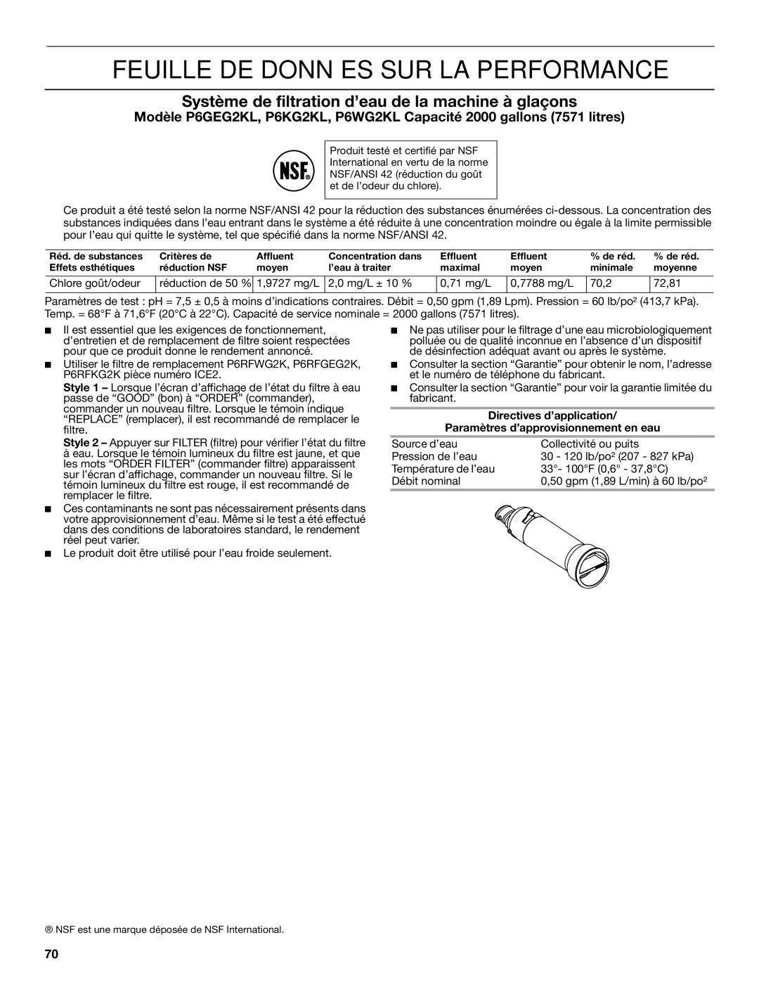 KitchenAid W10520792B manual Feuille DE Données SUR LA Performance, Système de filtration d’eau de la machine à glaçons 