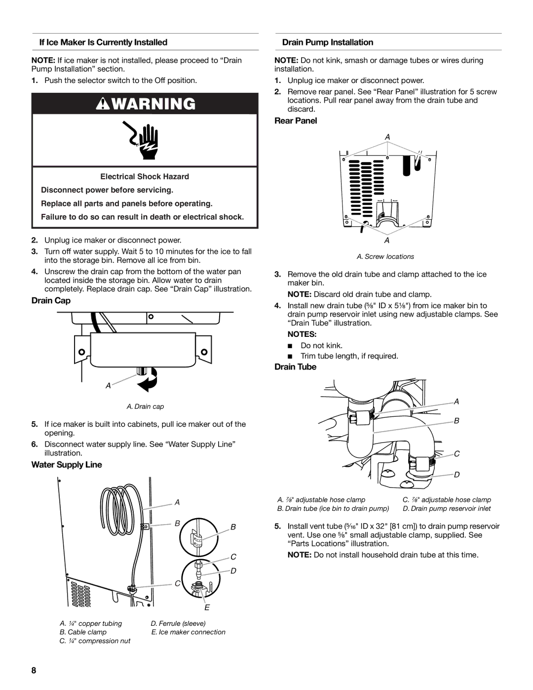 KitchenAid W10520792B manual If Ice Maker Is Currently Installed, Drain Cap, Water Supply Line, Drain Pump Installation 