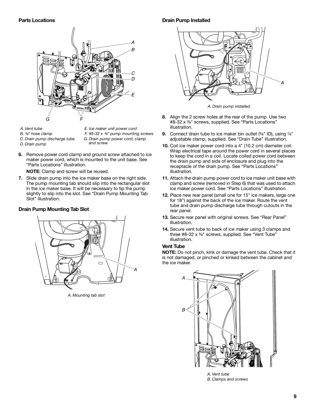 KitchenAid W10520792B manual Drain Pump Mounting Tab Slot, Vent Tube 