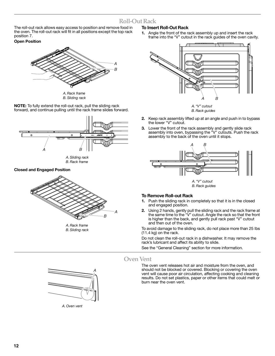 KitchenAid W10524723A warranty Roll-OutRack, OvenVent, To Insert Roll-Out Rack, To Remove Roll-out Rack 