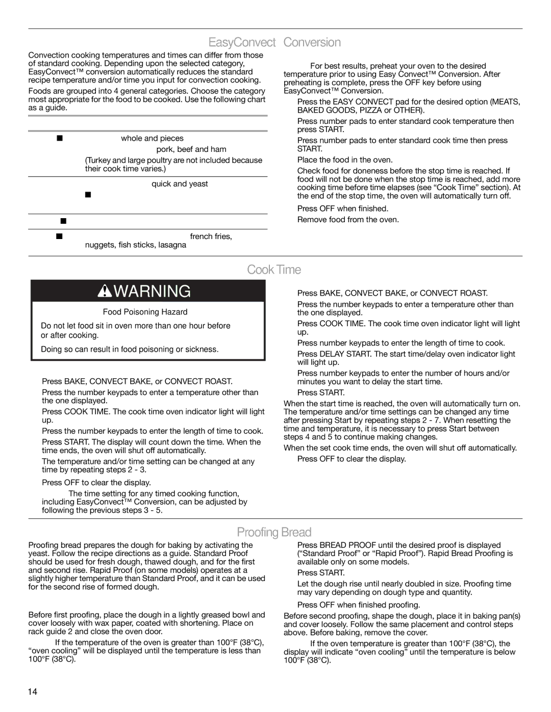 KitchenAid W10524723A warranty EasyConvect Conversion, CookTime, ProofingBread 