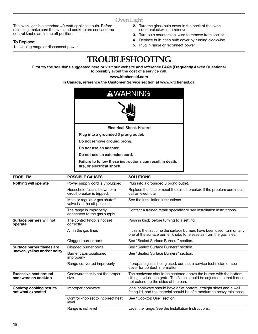 KitchenAid W10524723A warranty Troubleshooting, OvenLight, To Replace, Problem Possible Causes Solutions 