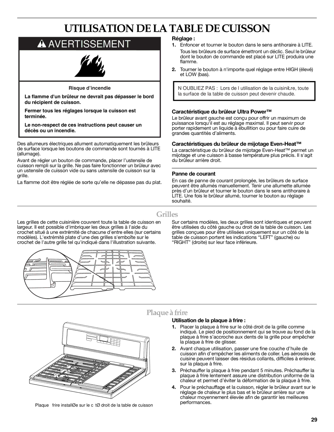 KitchenAid W10524723A warranty Utilisation DE LA Table DE Cuisson, Grilles, Plaqueàfrire 