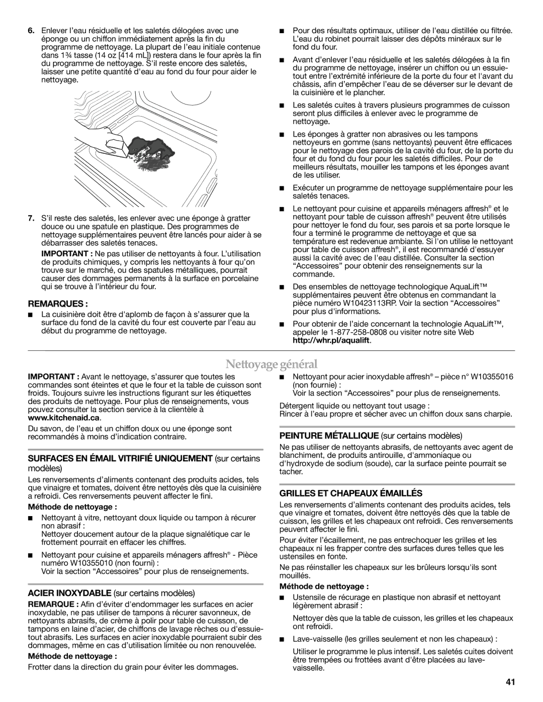 KitchenAid W10524723A warranty Nettoyagegénéral, Surfaces EN Émail Vitrifié Uniquement sur certains, Méthode de nettoyage 