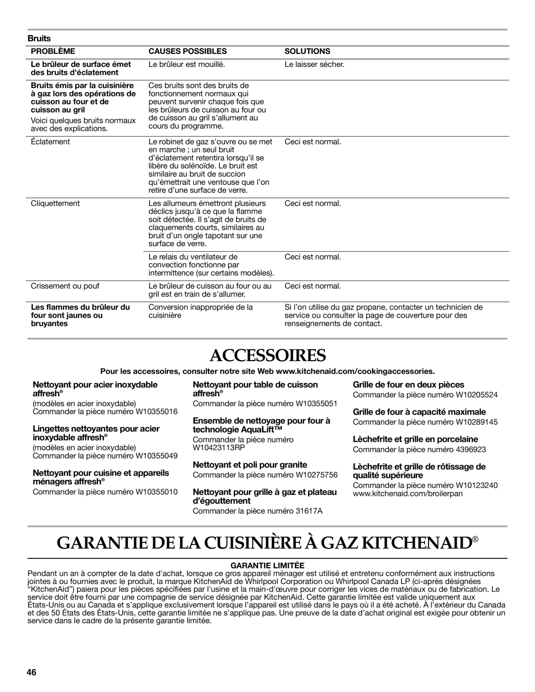 KitchenAid W10524723A warranty Accessoires, Garantie DE LA Cuisinière À GAZ Kitchenaid 