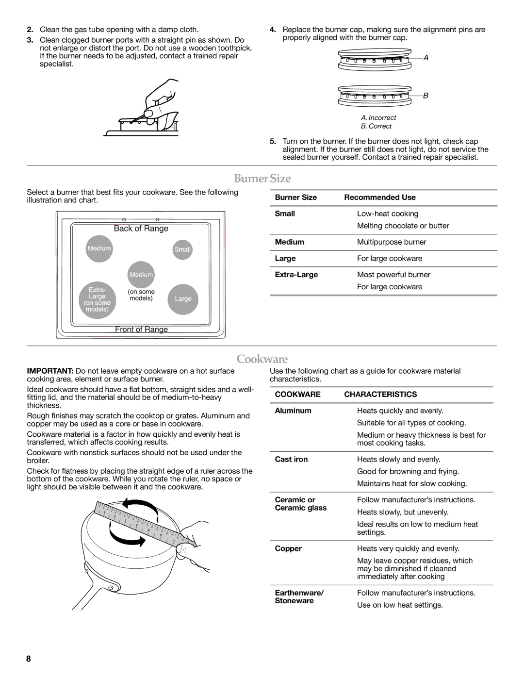 KitchenAid W10524723A warranty BurnerSize, Cookware Characteristics 