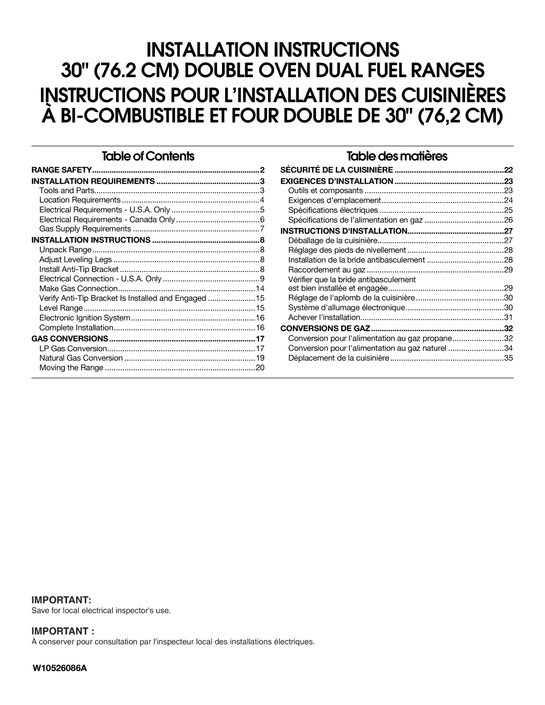 KitchenAid W10526086A installation instructions Table des matières 