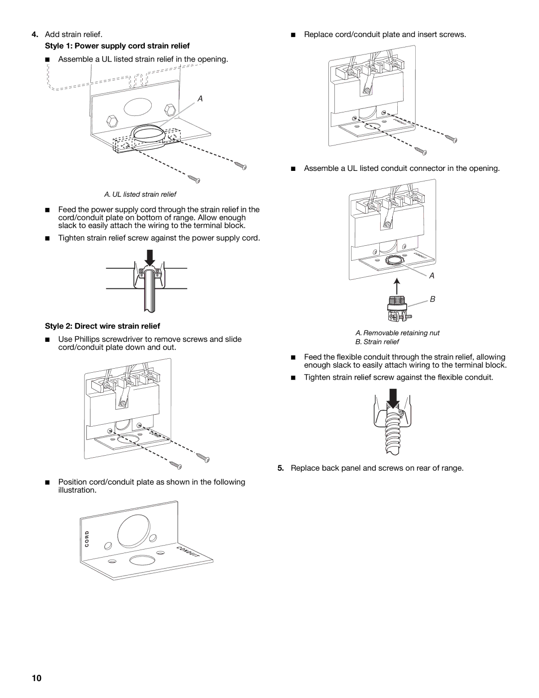 KitchenAid W10526086A installation instructions Style 1 Power supply cord strain relief, Style 2 Direct wire strain relief 