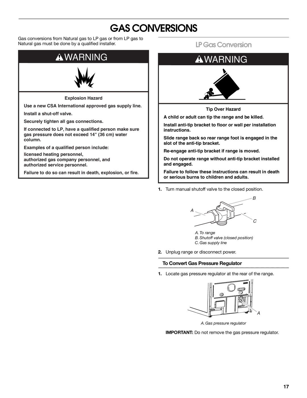 KitchenAid W10526086A installation instructions GAS Conversions, LP Gas Conversion, To Convert Gas Pressure Regulator 