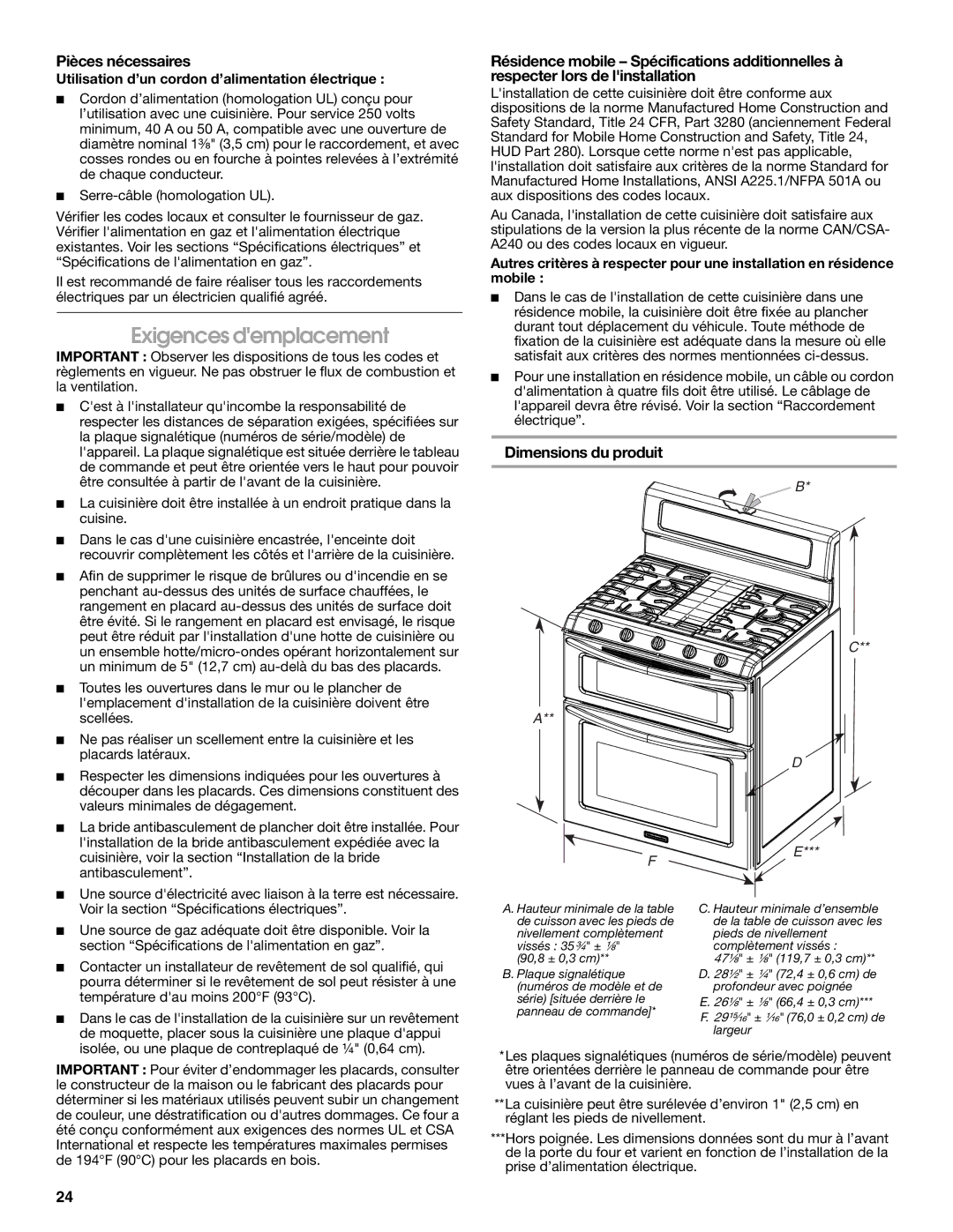 KitchenAid W10526086A installation instructions Exigences demplacement, Pièces nécessaires, Dimensions du produit 