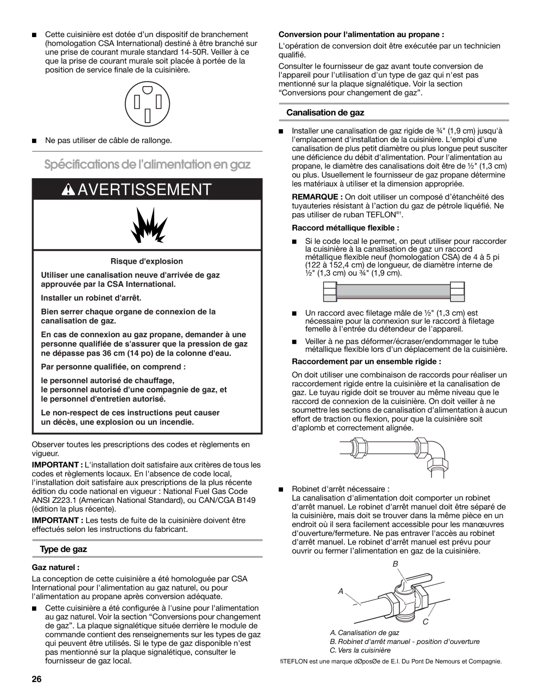 KitchenAid W10526086A installation instructions Spécifications de l’alimentation en gaz, Type de gaz, Canalisation de gaz 