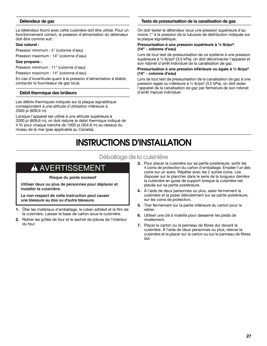 KitchenAid W10526086A installation instructions Instructions Dinstallation, Déballage de la cuisinière, Détendeur de gaz 