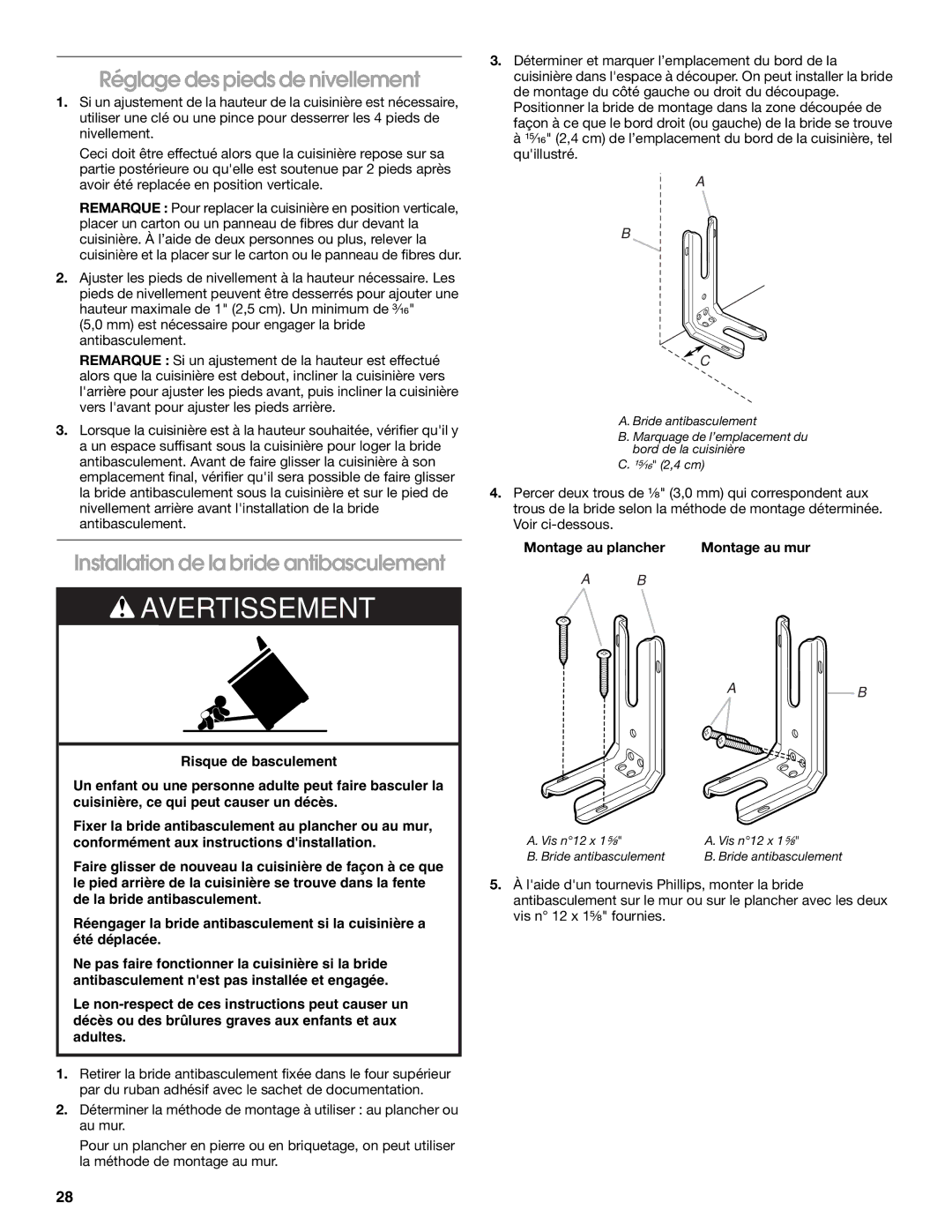 KitchenAid W10526086A installation instructions Réglage des pieds de nivellement, Installation de la bride antibasculement 