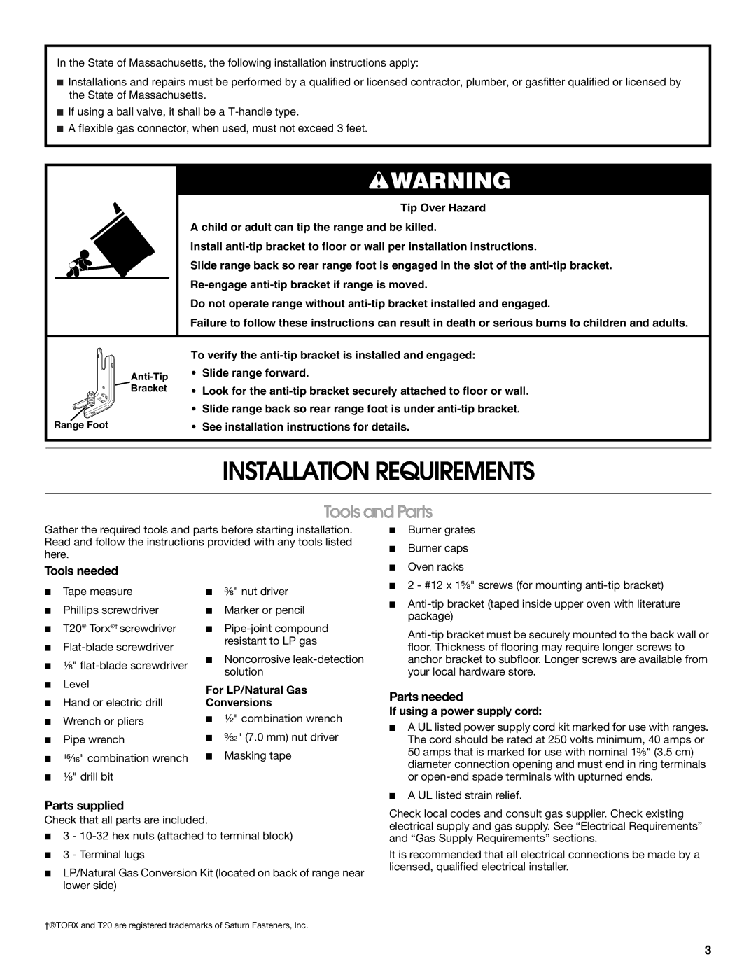 KitchenAid W10526086A Installation Requirements, Tools and Parts, Tools needed, Parts supplied, Parts needed 