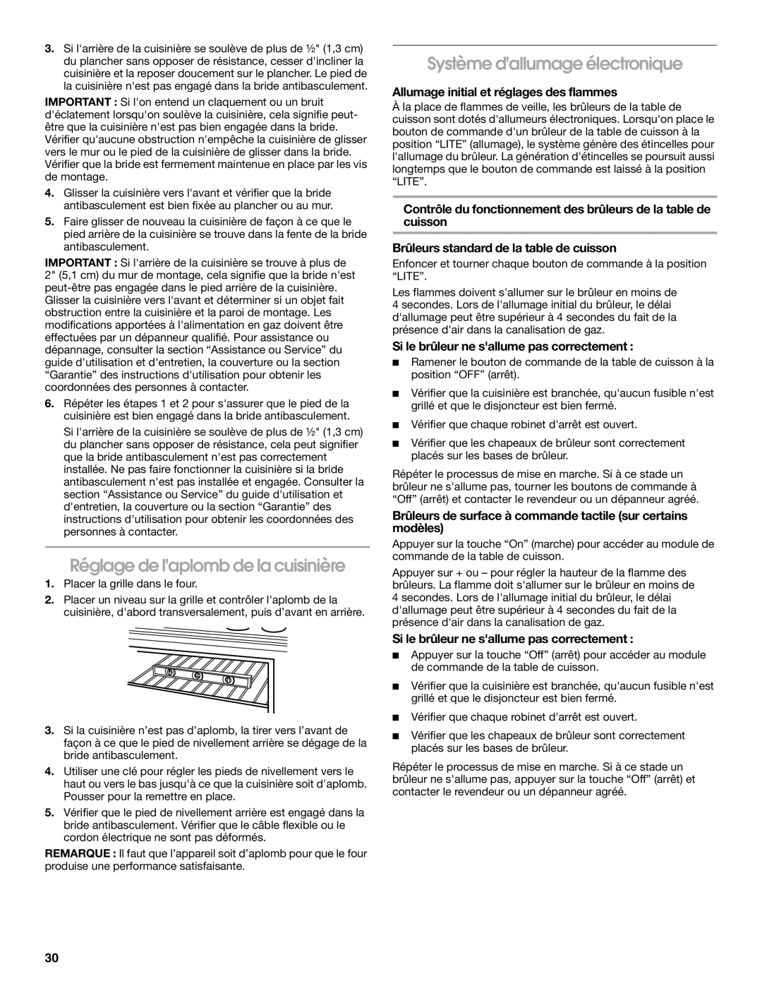 KitchenAid W10526086A installation instructions Réglage de laplomb de la cuisinière, Système dallumage électronique 