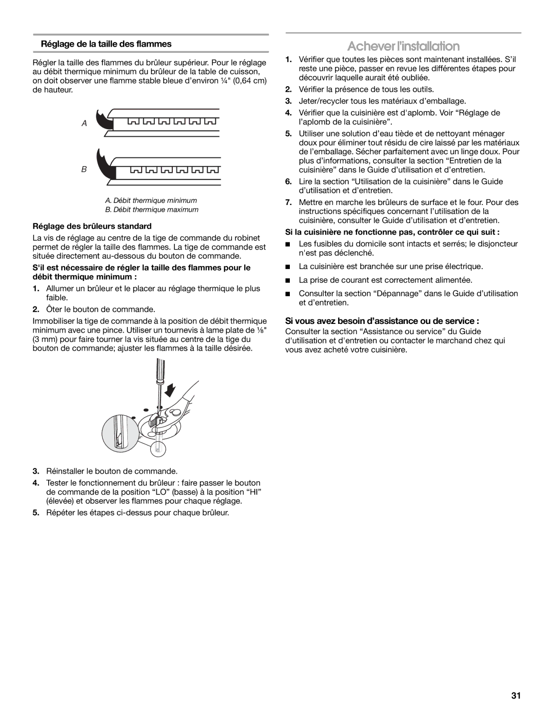 KitchenAid W10526086A Achever linstallation, Réglage de la taille des flammes, Réglage des brûleurs standard 