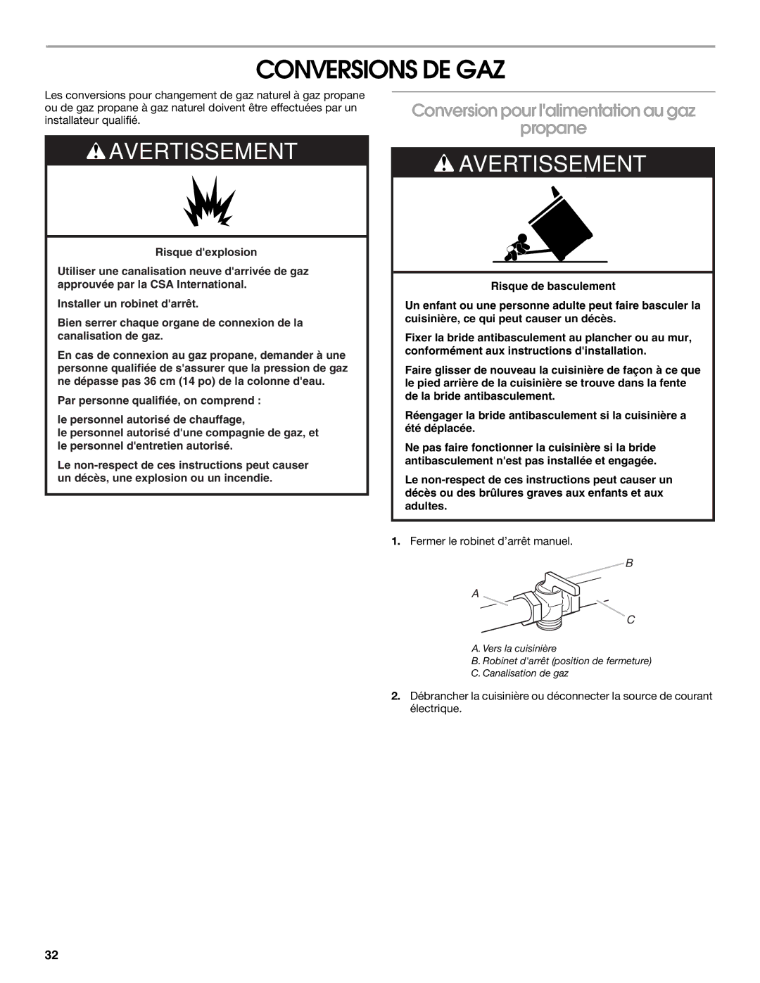 KitchenAid W10526086A installation instructions Conversions DE GAZ, Conversion pour lalimentation au gaz Propane 