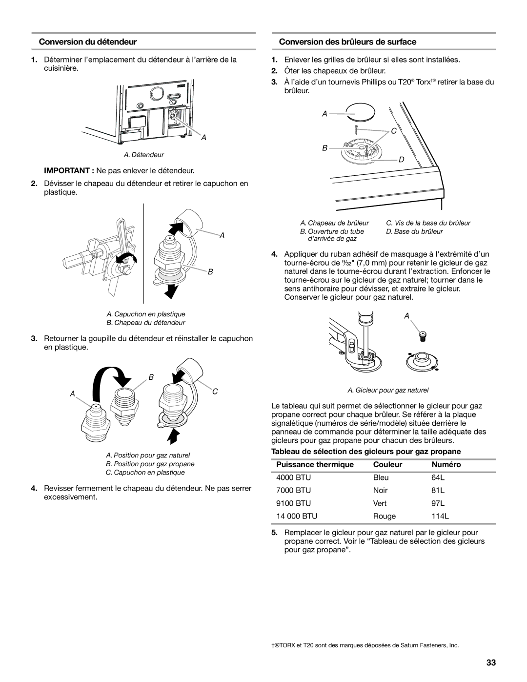 KitchenAid W10526086A installation instructions Conversion du détendeur, Conversion des brûleurs de surface 