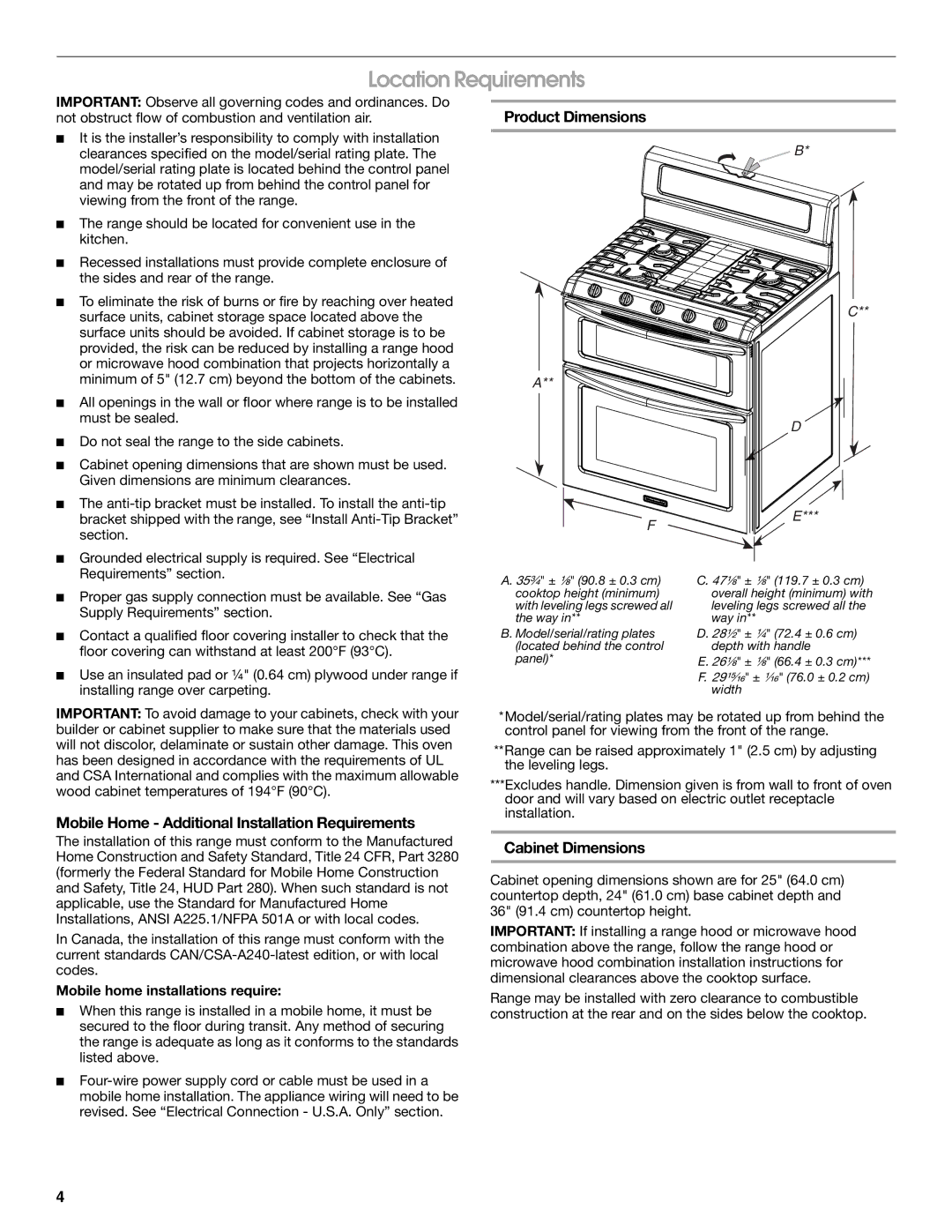 KitchenAid W10526086A Location Requirements, Product Dimensions, Mobile Home Additional Installation Requirements 