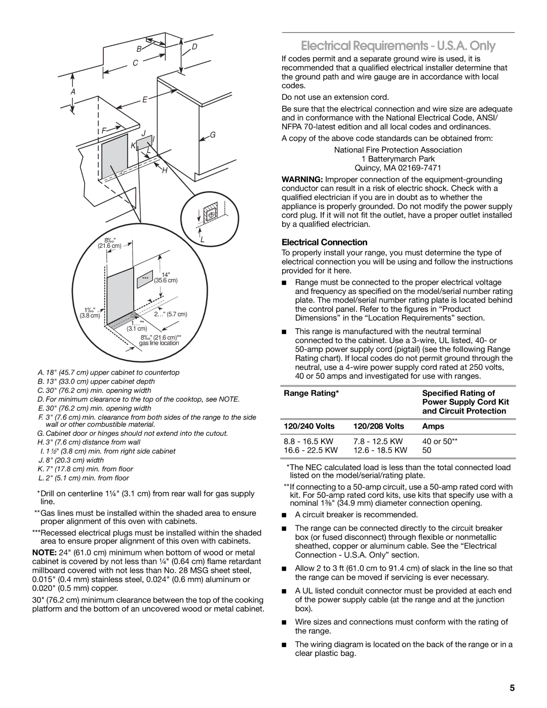 KitchenAid W10526086A installation instructions Electrical Requirements U.S.A. Only, Electrical Connection 