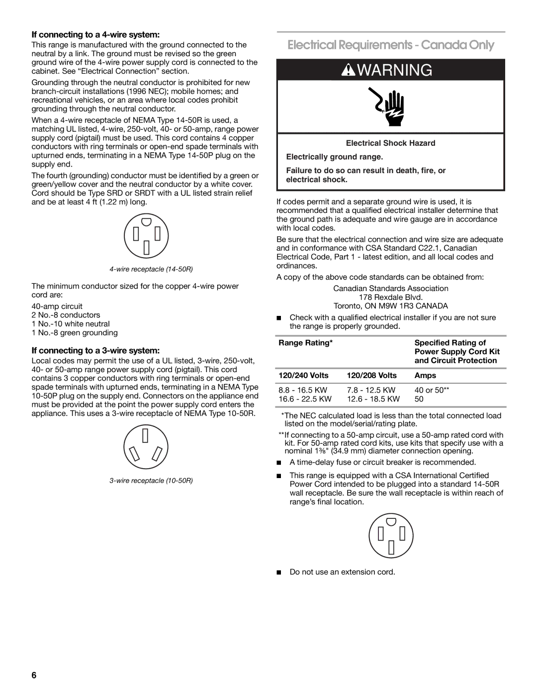 KitchenAid W10526086A installation instructions Electrical Requirements Canada Only, If connecting to a 4-wire system 