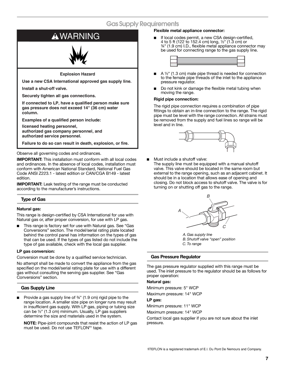 KitchenAid W10526086A Gas Supply Requirements, Type of Gas, Gas Supply Line, Gas Pressure Regulator 