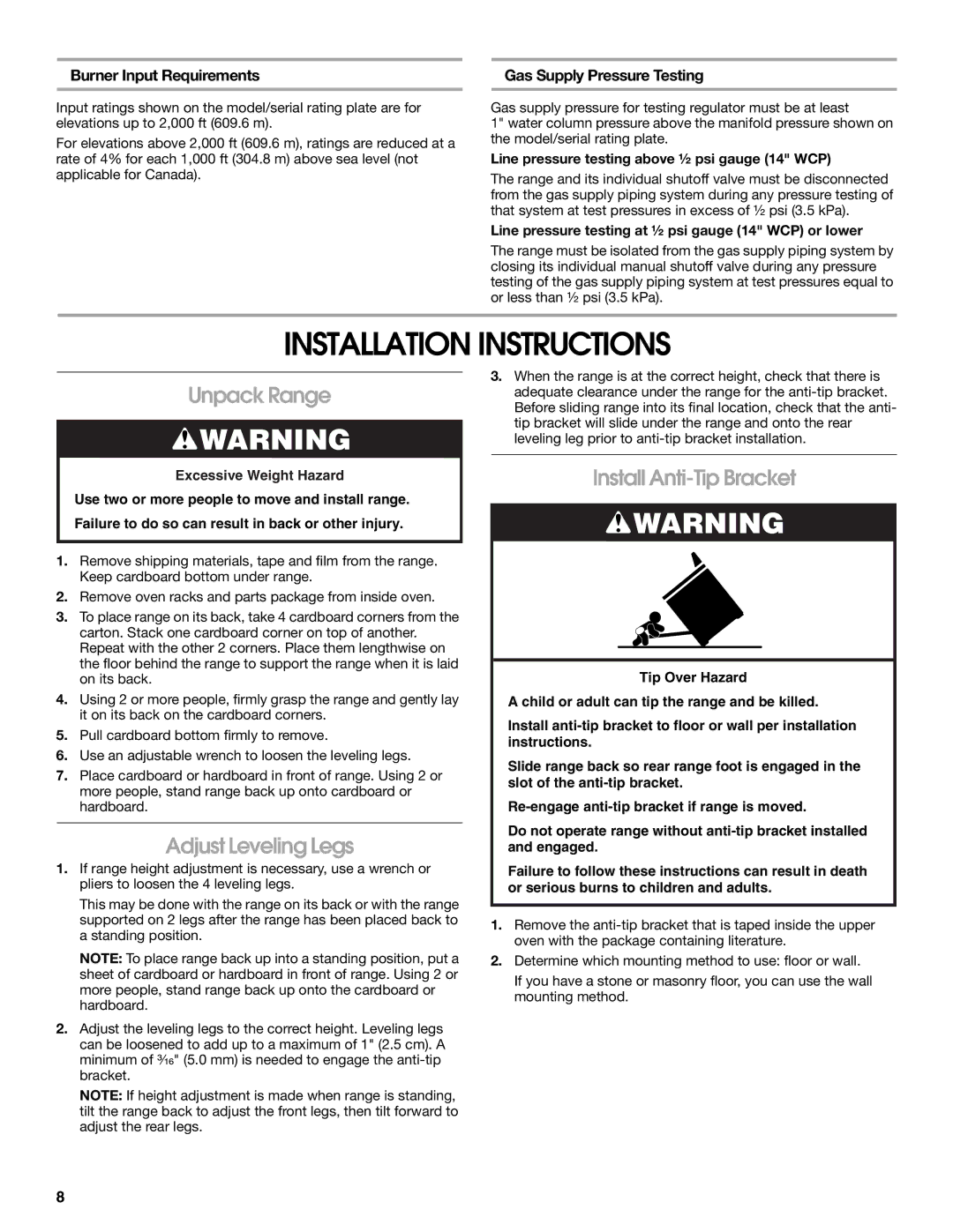 KitchenAid W10526086A Installation Instructions, Unpack Range, Adjust Leveling Legs, Install Anti-Tip Bracket 