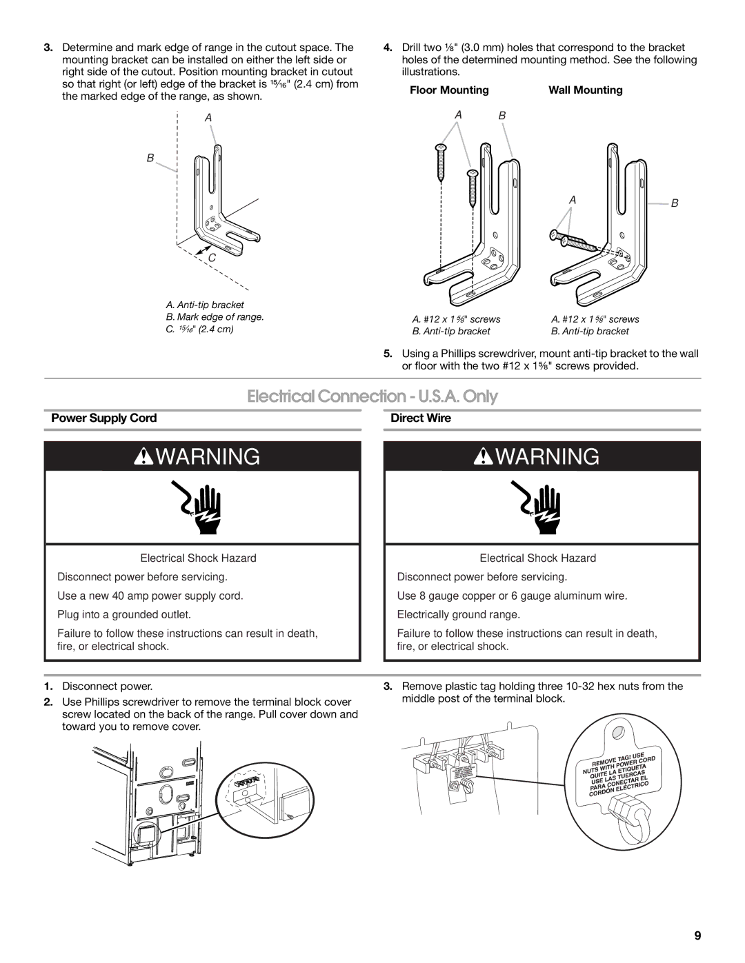 KitchenAid W10526086A Electrical Connection U.S.A. Only, Power Supply Cord, Direct Wire, Floor Mounting Wall Mounting 