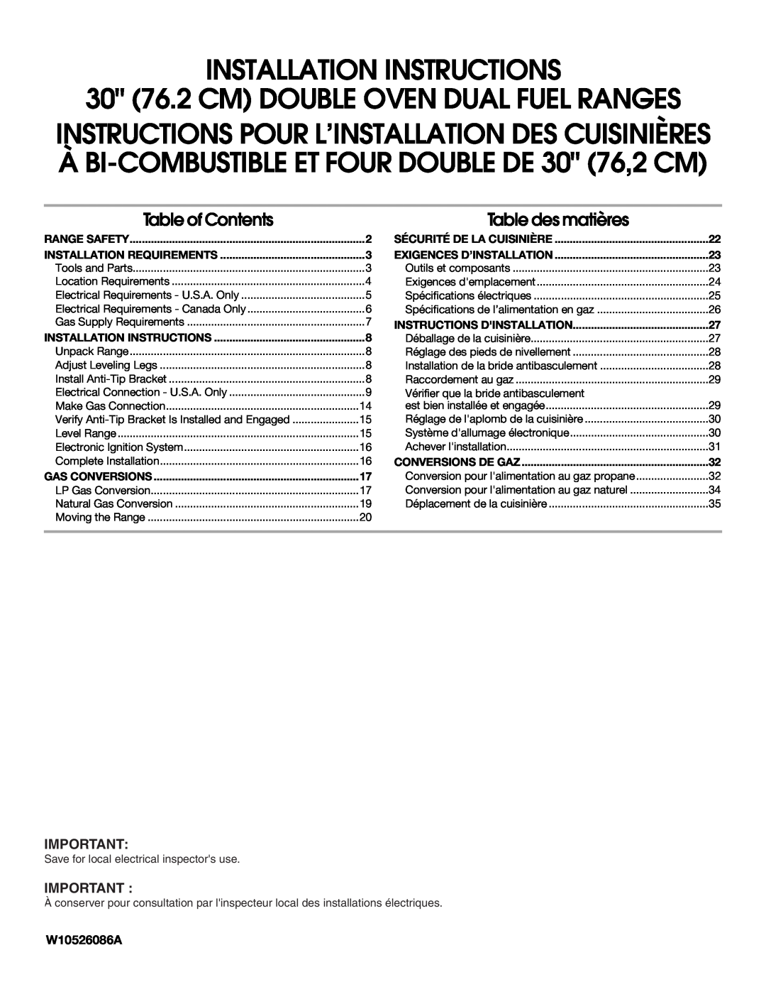 KitchenAid W10526086A installation instructions INSTALLATION INSTRUCTIONS 30 76.2 CM DOUBLE OVEN DUAL FUEL RANGES 