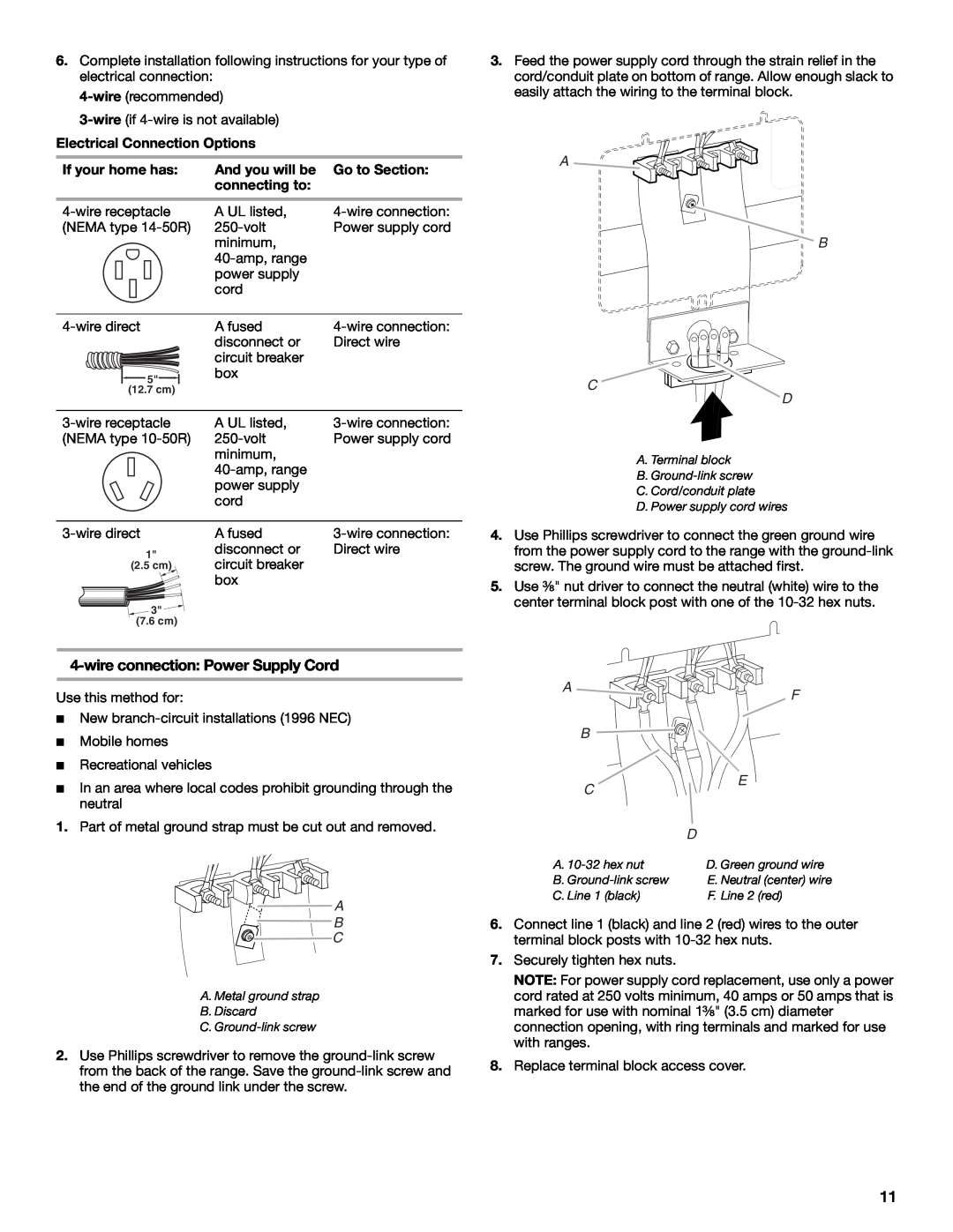 KitchenAid W10526086A wire connection Power Supply Cord, Electrical Connection Options, If your home has, And you will be 