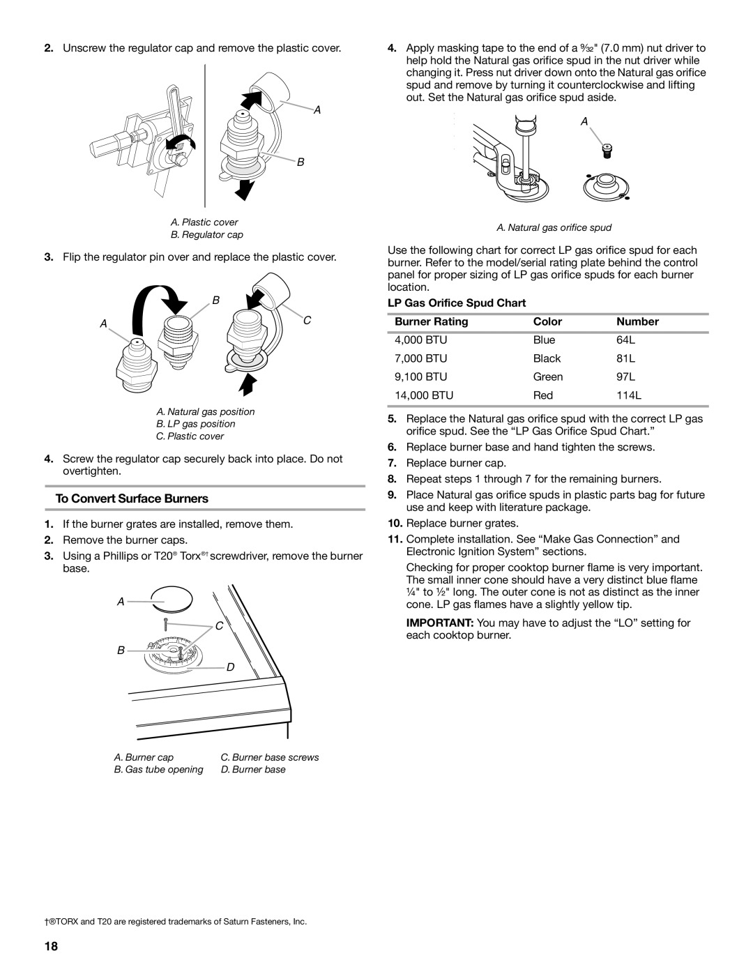 KitchenAid W10526086A To Convert Surface Burners, B A C, A C B D, LP Gas Orifice Spud Chart, Burner Rating, Color, Number 