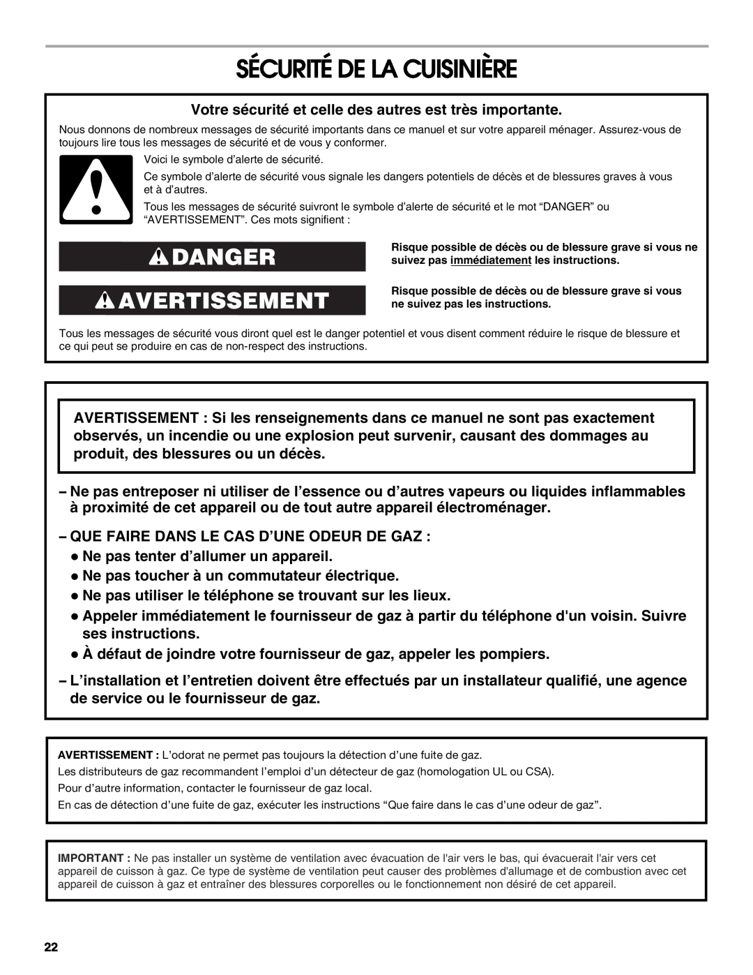 KitchenAid W10526086A installation instructions Sécurité De La Cuisinière, Danger Avertissement 