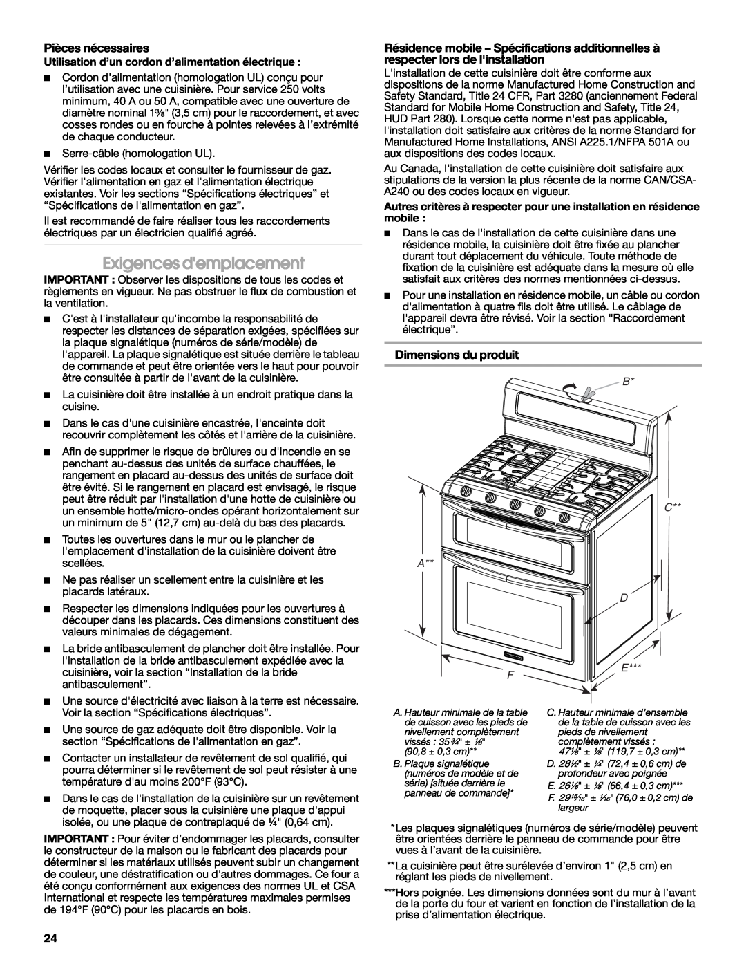 KitchenAid W10526086A installation instructions Exigences demplacement, Pièces nécessaires, Dimensions du produit, B D E 